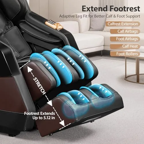 Extend footrest with calf airbags, foot airbags and heat, extending up to 5.12 inches